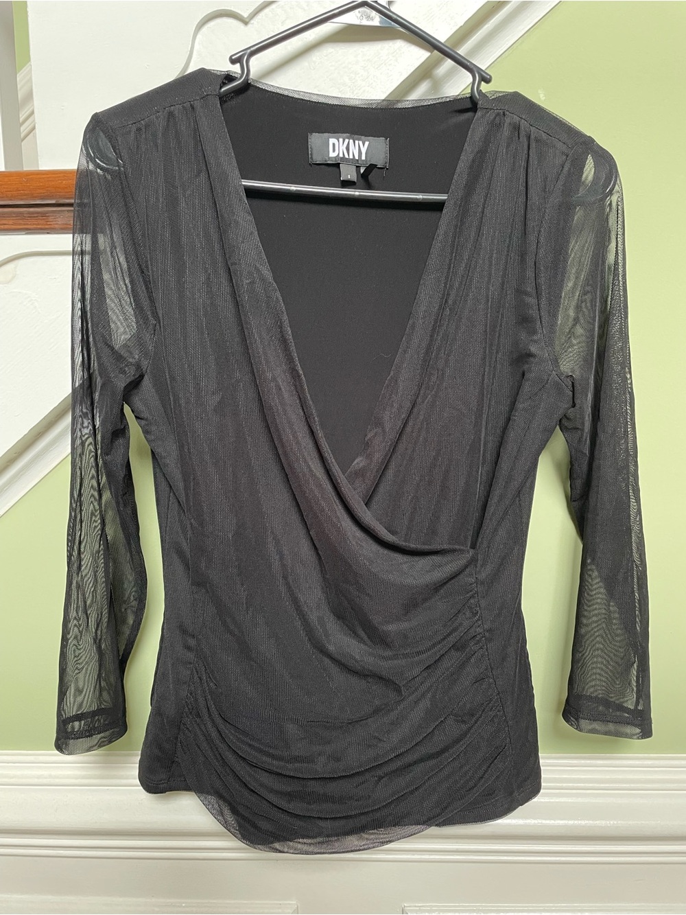 DKNY Black Draped Mesh Surplice Long-Sleeve Top